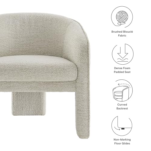 Modway Greer Comfy Barrel Accent Chair with 3 Legs in Parchment Boucle Fabric – Cozy Round Reading Armchair – Mid Century Modern Upholstered Wide Barrel Dining Chair with Curved Back - color: Parchment