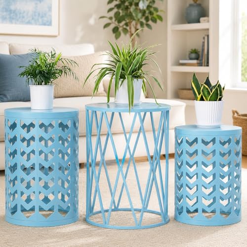 Nesting Side Table Set of 3 Decorative Round Garden Stools for Indoor Outdoor Heavy Duty Metal Frame Side Table Nightstands Modern End Table Plant Stand, Light Blue - color: Light Blue