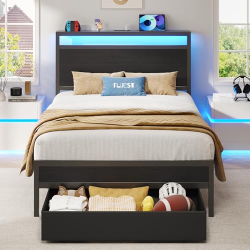 Fluest Twin Bed Frame,Twin Bed Frame with Storage Headboard & Storage Drawer, Charging Station & LED Light, No Box Spring Needed, Noise Free, Easy Assembly, Classic Black - color: Classic Black, size: Twin
