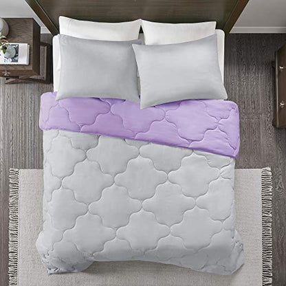Comfort Spaces Vixie Reversible Comforter Set - Trendy Casual Geometric Quilted Cover, All Season Down Alternative Cozy Bedding, Matching Sham, Lavendar/Gray, Twin/Twin XL 2 piece | Down Alternative, All Season, Bedding for Bedroom, Geometric Pattern, Rev