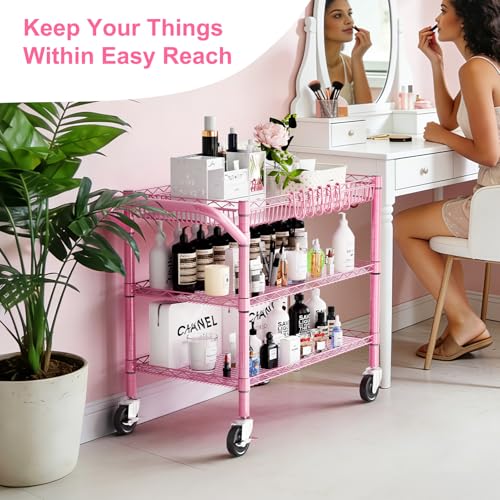 Pink Rolling Utility Cart with Wheels, 990Lbs Heavy Duty Metal Cart with Handle & Shelf Liners, NSF Certified 3-Tier Storage Trolley for Esthetician, Kitchen, Salon & Craft Room, Pink - color: Pink-3 Tier