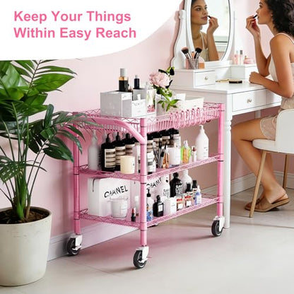 Pink Rolling Utility Cart with Wheels, 990Lbs Heavy Duty Metal Cart with Handle & Shelf Liners, NSF Certified 3-Tier Storage Trolley for Esthetician, Kitchen, Salon & Craft Room, Pink - color: Pink-3 Tier