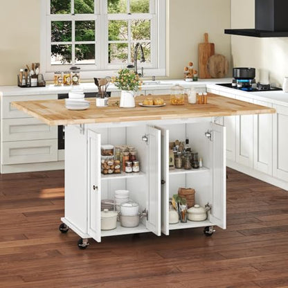 62.8 INCH Rolling Kitchen Island Cart with Double Drop Leaf, Small Mobile Kitchen Cart on Wheels, Folding Kitchen Island with Large Tbletop, Adjustable Shelves for Dining Room - color: White