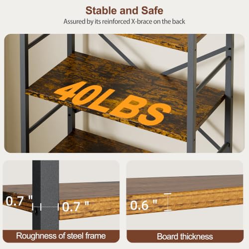 Arched Bookshelf 5 Tier Tall Bookcase, Industrial Metal Frame Book Shelf with X Reinforced Structure, Adjustable Feet Storage Display Shelf for Living Room Bedroom Office Rustic Brown