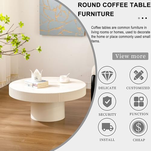 Round Fluted Drum Coffee Table with Pedestal Base | 30.7'' Modern White Wooden Drum Center Table, Handcrafted Wood Fluted Edge, For Living Room & Apartment - color: White Thin