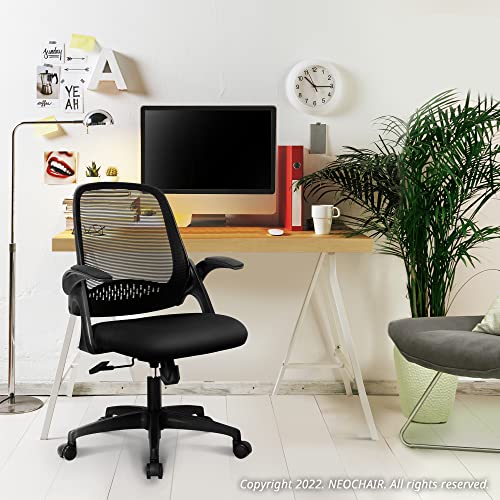 NEO CHAIR Office Desk Chair, Ergonomic Mesh with Flip-Up Armrests, Black | Lumbar Support, Height Adjustment, 360° Swivel and Rolling Base, Space-Saving Design for Home Office, Vanity or Study - color: Black