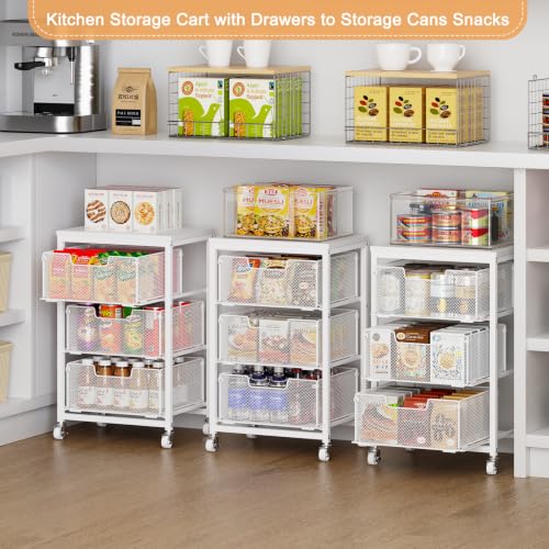 Kitchen Cart with Storage, 3-Tier Pantry Organizer and Storage Cart with Drawer, Fruit Vegetable Storage Cart with Wheels, Wooden Top Metal Wire Kitchen Organizer Rack Stand for Snack Onion Potato - size: 3-Tier White