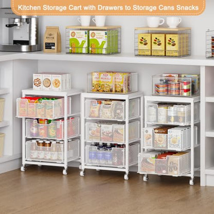 Kitchen Cart with Storage, 3-Tier Pantry Organizer and Storage Cart with Drawer, Fruit Vegetable Storage Cart with Wheels, Wooden Top Metal Wire Kitchen Organizer Rack Stand for Snack Onion Potato - size: 3-Tier White