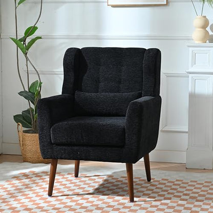 Accent Chair, Living Room Chairs with Solid Wood Legs & Pillow | Chairs Living Room with High Tufted Backrest, Reading Chair for Bedroom/Office, Chenille Fabric - color: Black