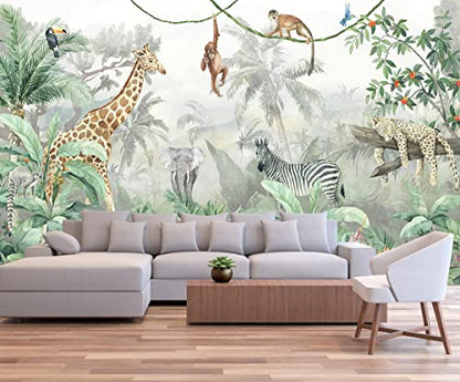 Reyhui Kids Wallpaper Tropical Leves and Safari Animals | 108"x75" Not Peel and Stick Wall Mural for Wall Bedroom Living Room TV Background Sofa Wall - color: MURAL-013, size: 108" x 75"