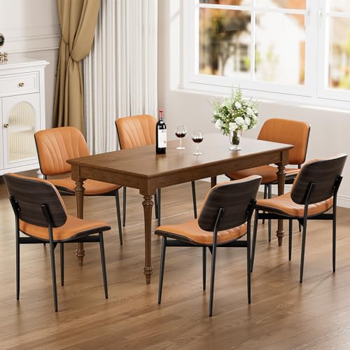 YaFiti Mid Century Dining Chairs Set of 2 with Walnut Bentwood, Orange | Ergonomic Walnut Backrest, Upholstered Waterproof PU Leather Seat, Stable Metal Legs, Adjustable Footpads, Apartment Friendly - color: Orange Scallop