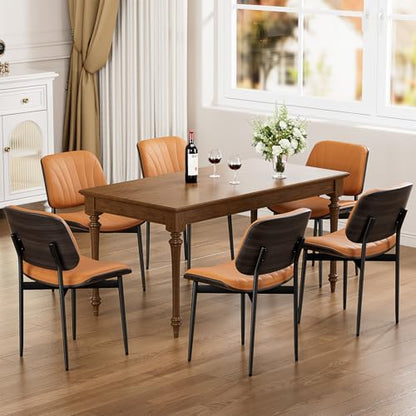 YaFiti Mid Century Dining Chairs Set of 2 with Walnut Bentwood, Orange | Ergonomic Walnut Backrest, Upholstered Waterproof PU Leather Seat, Stable Metal Legs, Adjustable Footpads, Apartment Friendly - color: Orange Scallop
