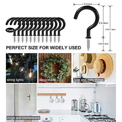 2 Inch Ceiling Hooks, Vinyl Coated Screw-in Cup Hook for Hanging Plants, Lights, Mugs - Heavy Duty Indoor Outdoor Use, Metal Wall Kitchen Hanger, Black (12 Pack)