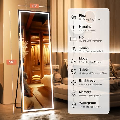 Full Length Mirror with Lights, 56" x 18" LED Lighted Floor Standing Body Mirror, Dimmable & 3 Color Lighting for Bedroom, Cloakroom, Dressing Room, Tempered Glass, Square Black - color: Black, size: 56"L x 18"W