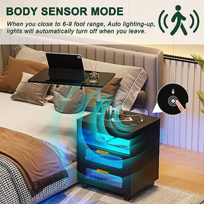 HNEBC LED Nightstand Set of 2 with Charging Station & Adjustable Overbed Desk, 3 Color LED Lights & Body Sensor, Mobile Bedside Table with Wheels, 2 Drawers & Open Shelf for Bedroom (Black) - color: 9603-2-black