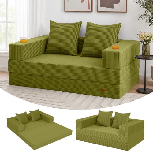 COMAX Futon Sofa Bed, Convertible Sofa Bed, Folding Boneless Couches | Low-Profile Boneless Couch for Living Room, 11.8" H Low Seat Small 59" Foldable Floor Sleeper Mattress Lounge Space‑Saving - color: Light Green, size: 59"