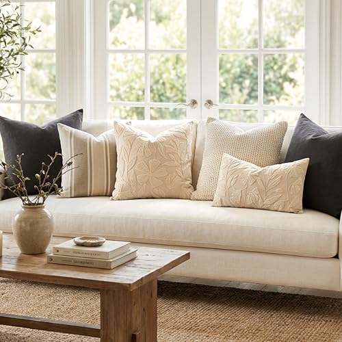 Decorative Lumbar Pillow Cover 12x20, Beige Neutral Accent Velvet Throw Pillowcase for Couch Sofa Living Room, Floral Tufted Rectangular Cushion, Cover Only - color: Beige Cream, size: 20" x 12" (Pack of 1)