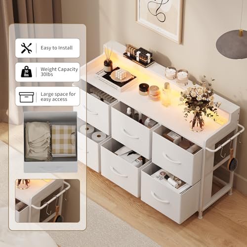 6 Drawer Dresser with Charging Station & LED, Storage Organizer for Bedroom | White Fabric Dresser, Chest of Drawers, TV Stand, Adjustable LED Light, Sturdy Frame, Wood Top, Side Hooks, Fits Small Spaces - color: White