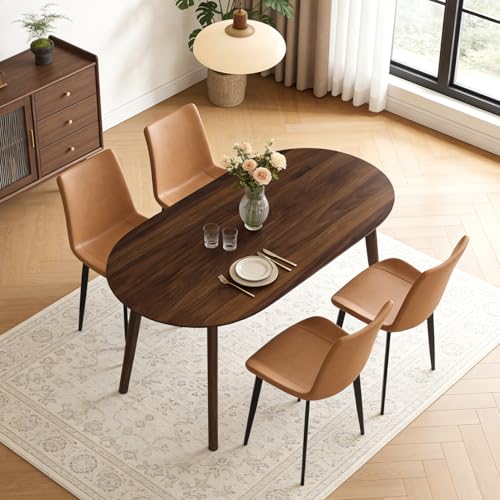 63" Oval Dining Table Set for 4 with Solid Wood Legs | 5 Piece Walnut Dining Table Set for Kitchen and Dining Room Furniture, 4 PU Brown Dining Chairs, Mid Century Modern - color: Walnut Table Brown Chairs
