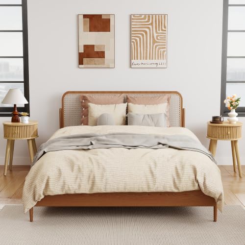 Round Fluted Side Table Set of 2, Small End Table with Fluted Drawer, Mid-Century Modern Wooden Bedside Table Round Nightstand Small Sofa Side Table for Living Room(Natural) - color: Natural, size: 15.7"D x 15.7"W x 23.6"H