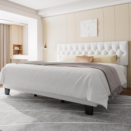 Feonase King Size Velvet Platform Bed Frame, Upholstered Bed with Button Tufted Headboard, Sturdy Wooden Slats & Heavy Duty Feet, No Box Spring Needed, Noise-Free, Easy Assembly, White - color: White, size: King