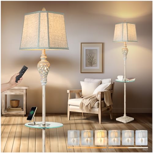 LuxSight Collection Rustic Floor Lamp, Living Room Lamps with Glass Tray, stepless diming Floor Lamp with Remote Control and USB A&C Charging Ports for Living Room Bedroom Office Smart Bulbs Included | Glass Tray, USB A+C Charging Ports, LED Smart Bulbs I