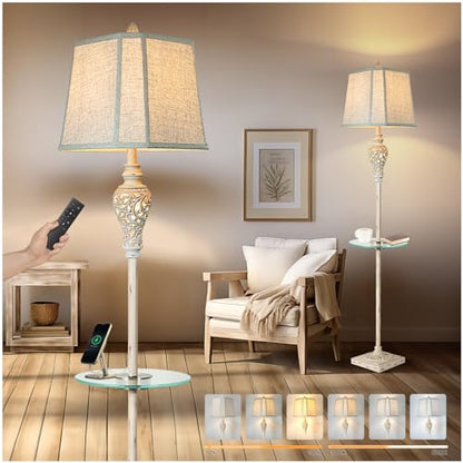 LuxSight Collection Rustic Floor Lamp, Living Room Lamps with Glass Tray, stepless diming Floor Lamp with Remote Control and USB A&C Charging Ports for Living Room Bedroom Office Smart Bulbs Included | Glass Tray, USB A+C Charging Ports, LED Smart Bulbs I