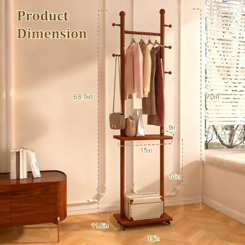 Coat Rack Freestanding Solid Wood Clothing Rack with Wheels & 2 Storage Shelves & 5 Hooks,Rotary Heavy Duty Wood Coat Tree Stand Hat Hanger Rack for Entryway Bedroom Living Room Corner(Walnut) - color: Walnut, size: S(L: 15.7" x W: 11.8" x H: 69")