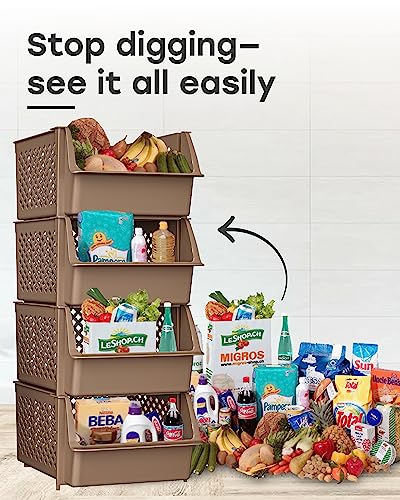 TidyFriend Plastic Stackable Storage Bins for Pantry, 4 Pack Stackable Bins For Organizing Food, Kitchen, and Bathroom Essentials (Brown) | Sturdy Plastic, Easy Stacking, Open Front Access, Ventilated Sides, Vertical & Space Saving Pantry Organizers and S