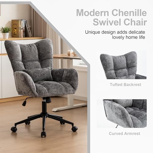 Home Office Desk Chair, Modern Tufted Chenille Vanity Chair, Adjustable Upholstered Swivel Computer Chairs for Bedroom, Living Room，Grey - color: Grey