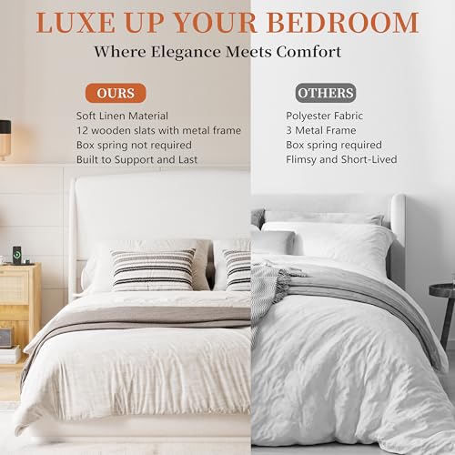 RuiSiSi Queen Size Upholstered Bed with Wingback Headboard, Low Profile Linen Fabric Platform Bed Frame, Strong Wood Slats, No Box Spring Needed, Easy Assembly, Beige - color: Beige