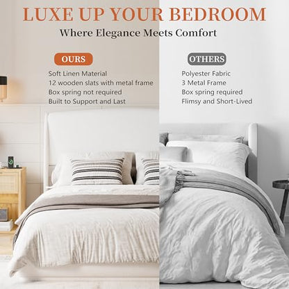 RuiSiSi Queen Size Upholstered Bed with Wingback Headboard, Low Profile Linen Fabric Platform Bed Frame, Strong Wood Slats, No Box Spring Needed, Easy Assembly, Beige - color: Beige
