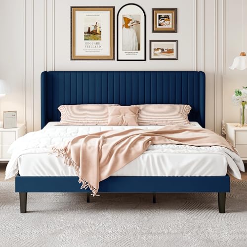 SHA CERLIN King Size Velvet Bed Frame, Tufted Wingback Headboard, Blue | 47'' Modern Vertical Channel Headboard, Upholstered Platform Bed, Wood Slats, No Box Spring Needed, Easy Assembly, Noise Free - color: Blue, size: King