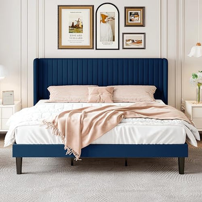 SHA CERLIN King Size Velvet Bed Frame, Tufted Wingback Headboard, Blue | 47'' Modern Vertical Channel Headboard, Upholstered Platform Bed, Wood Slats, No Box Spring Needed, Easy Assembly, Noise Free - color: Blue, size: King