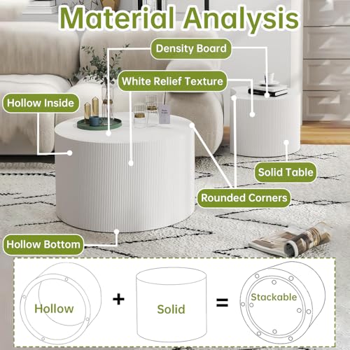 18 inch Round White Fluted Nesting Coffee Table Set of 2, B Small | Spray Painting Finish, For Living Room, Nested Crescent Side Table, Nestable Design, Mid-Century Modern, For Small Spaces - color: White a Small