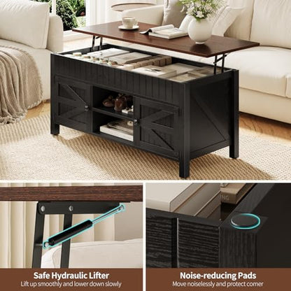 47.3" Lift Top Coffee Table with Storage - Black Coffee Tables for Living Room, Farmhouse Wood Center Table, Large Rectangle Middle Tables with Hidden Compartment & Adjustable Shelf - color: Black