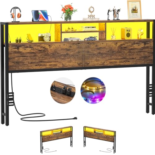 Aheaplus Headboard for King Size Bed with Storage, Headboards with Outlets, USB Ports and LED Light, King Size Head Board, Height Adjustable, Reversible, Sturdy and Stable Headboard, Rustic Brown - color: Rustic Brown, size: King, style: Wood