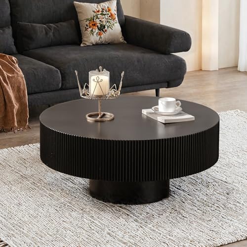 Round Fluted Coffee Table Handcrafted Relief Drum End Table | Mid Century Modern Drum Coffee Tables Rustic Industrial Wood Center Table for Apartment Living Room - color: Black Round Thick