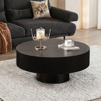 Round Fluted Coffee Table Handcrafted Relief Drum End Table | Mid Century Modern Drum Coffee Tables Rustic Industrial Wood Center Table for Apartment Living Room - color: Black Round Thick