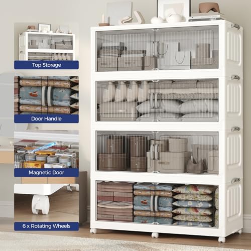 250Gal Extra Large Stackable Storage Bins with Lid, 1000QT Foldable Collapsible Storage Box with Doors and Wheels, Plastic Closet Organizers Container Drawer for Bedroom Dorm Kitchen, 5Pack - size: 50Gal-5Pack
