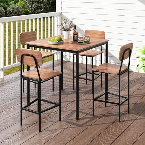 Giantex 5-Piece Dining Table Set W/Counter Height Table & 4 Bar Stools, Industrial Kitchen Dining Table Set W/Footrest & Backrest, Space-Saving Dinette Set for Pub, Dining Room, Restaurant (Teak) - color: Teak