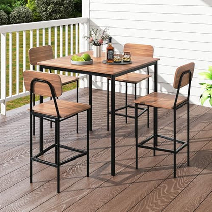 Giantex 5-Piece Dining Table Set W/Counter Height Table & 4 Bar Stools, Industrial Kitchen Dining Table Set W/Footrest & Backrest, Space-Saving Dinette Set for Pub, Dining Room, Restaurant (Teak) - color: Teak