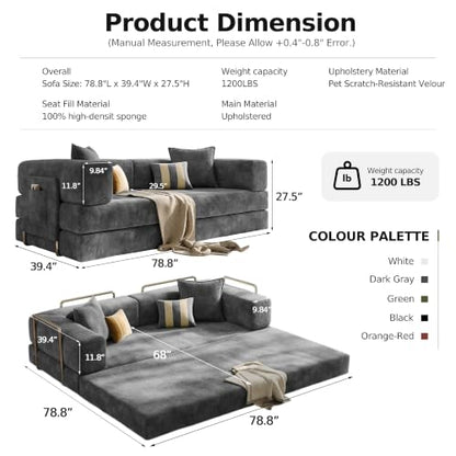 79" Convertible Futon Sofa Bed, Boneless Couch for Living Room | Pet scratch-resistant velour, dual-firmness full-block foam cushions, pull-out sleeper couch, no assembly, Deep Gray - color: Dark Gray, size: 78IN