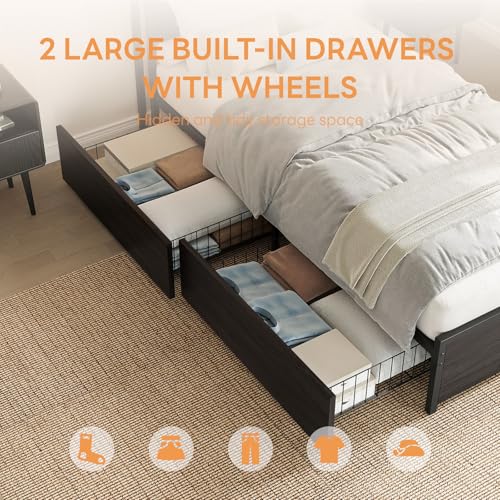 LIKIMIO Twin Bed Frame with DIY Layout Storage Drawers and LED Light | Black Platform Bed with 2-Tier Storage Shelf Headboard, Built-in Charging Station, Suitable for Teen Rooms, Small Space - size: Twin