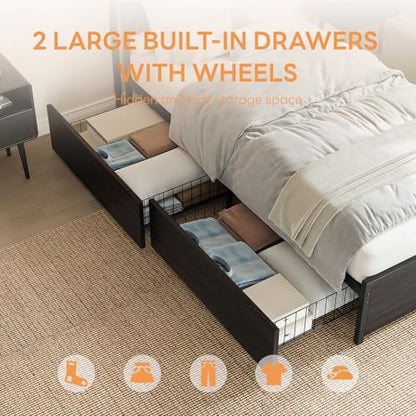 LIKIMIO Twin Bed Frame with DIY Layout Storage Drawers and LED Light | Black Platform Bed with 2-Tier Storage Shelf Headboard, Built-in Charging Station, Suitable for Teen Rooms, Small Space - size: Twin