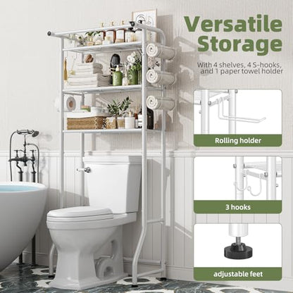 Simple Trending 3 Tier Over The Toilet Storage Rack, Metal Bathroom Shelf, Bathroom Stand Organizer Space Saver with Paper Holder and Hooks, White - color: White With Towel Rack