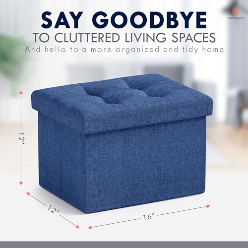 Ornavo Home Small Rectangle Storage Ottoman, Foldable Linen, 12x16x12, Navy | Collapsible Cube Design; Foot Rest Stool Seat; Ideal for Living Room, Bedroom, Home Office or Dorm - color: Navy Blue