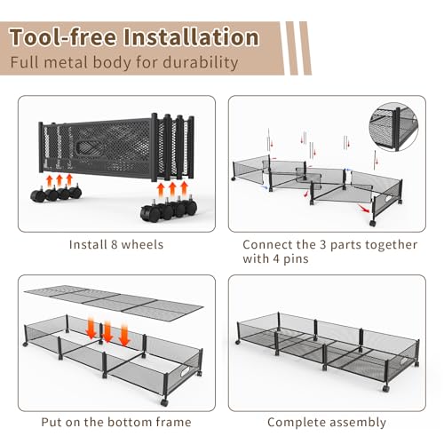 47.2'' Long Under Bed Storage on Wheels, 57.6L Large Capacity Rolling Under the Bed Storage Containers, Tool-Free Assembly Foldable Underbed Shoes Clothes Toy Drawers - size: 1 Pack (47.2×15.7")