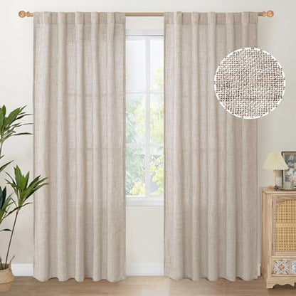 YoungsTex Natural Linen Curtains 84 Inch Length 2 Panels Rod Pocket Light Filtering Textured Window Drapes with Ring Clips for Living Room Dining Bedroom, 38 X 84 Inches | Light Filtering Textured Drapes for Living Room Dining Bedroom Rod Pocket Back Tab