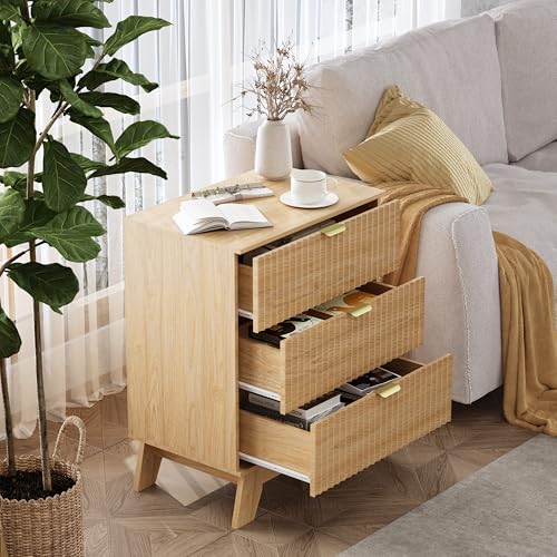 Night Stand Set 2, Bedside Table & End Table, Mid Century Modern Fluted Wood Nightstand with 3 Drawers & Metal Handles, Farmhouse Nightstand for Bedroom, Natural Oak - color: Natural Oak, style: 3 Drawers-2 PCS